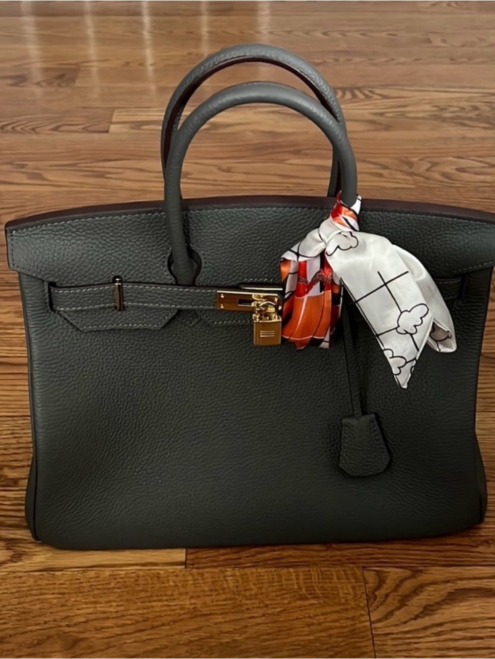 Ainifeel  Structured Dark Gray Leather Top-Handle Satchel with Scarf